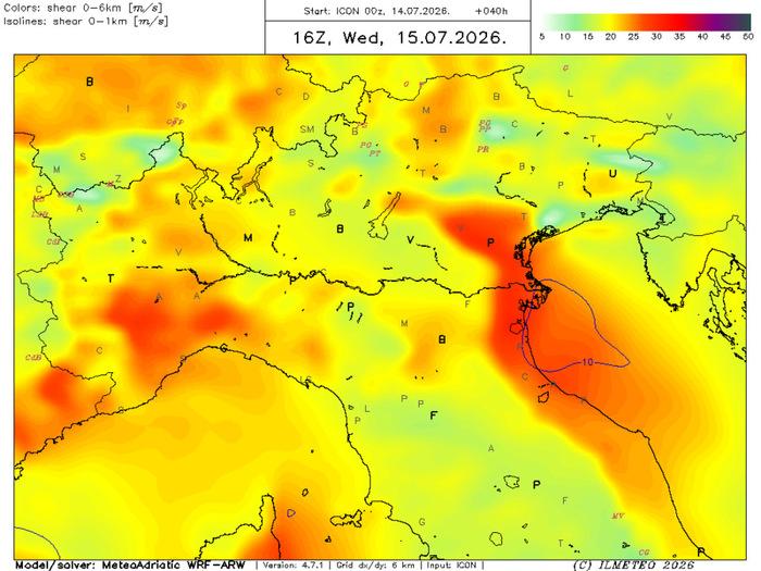 Shear: variazione del vento alle varie quote, valori elevatissimi in Veneto
