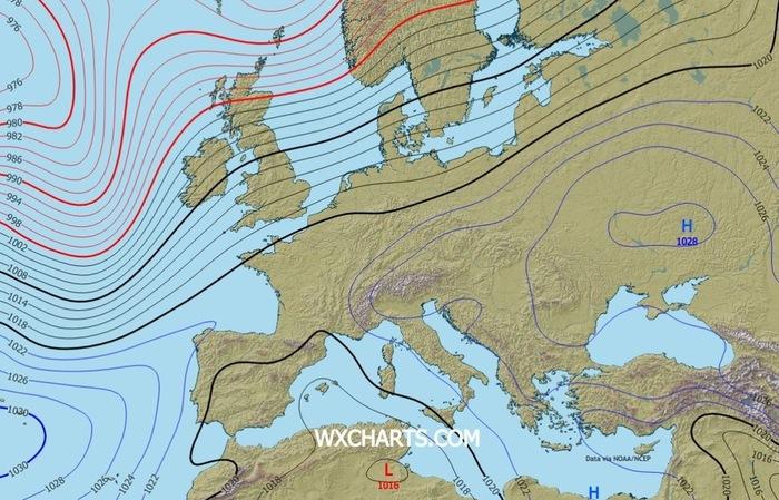 Situazione barica prevista per Venerdì 19 Dicembre