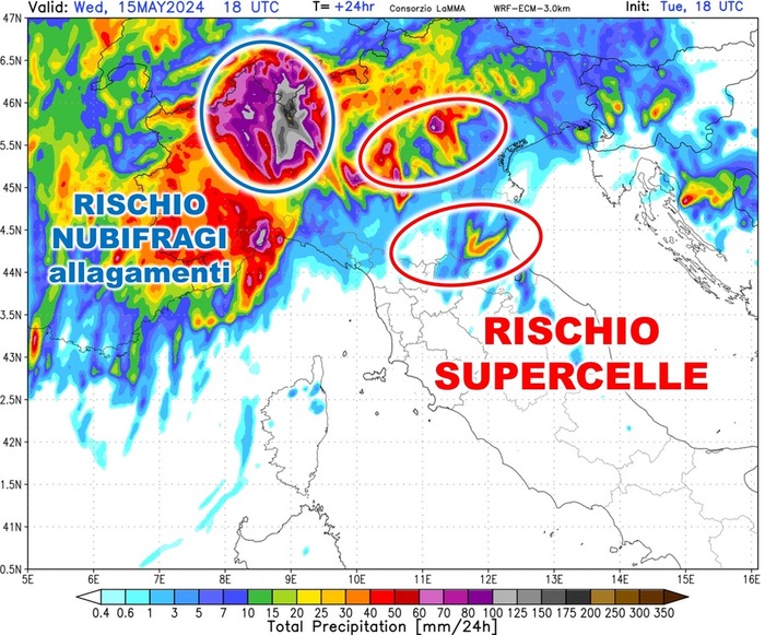 Zone a rischio nubifragi e supercelle nel corso di Mercoledì 15 Maggio