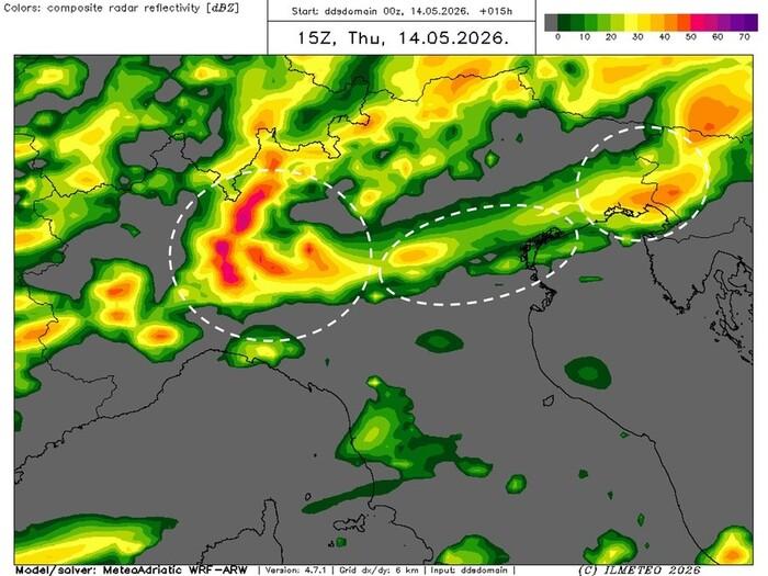 Le zone a rischio supercelle temporalesche nel corso di Giovedì 14 Maggio