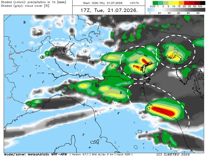 La previsione dei temporali per Martedì 21 Luglio