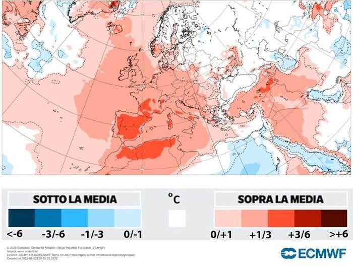 Anomalia di temperatura per Giugno (fonte Ecmwf): subito molto caldo