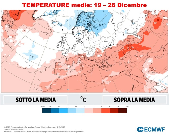 Feste di Natale: temperature sopra media fino a +1/3°C al Centro Sud (fonte: ECMWF)