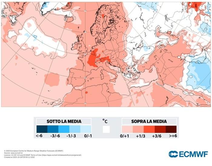 Temperature sopra la media in avvio di Novmembre fino a +3°C (fonte : ECMWF)