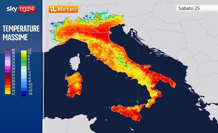 Temperature massime previste per Sabato 25 Marzo