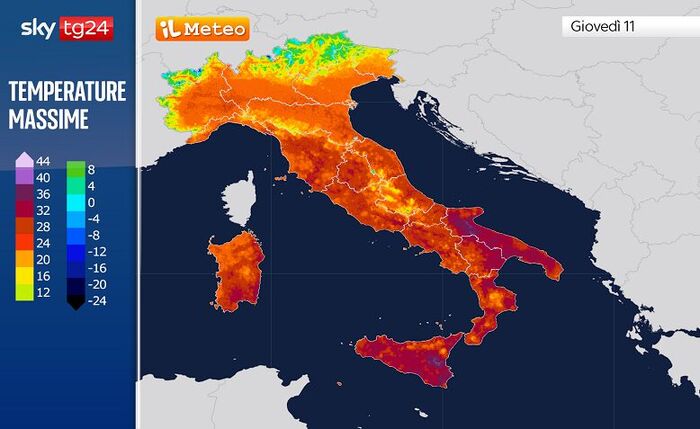 Temperature massime di Giovedì 11 Giugno (rosso scuro valori fino a 36°C)