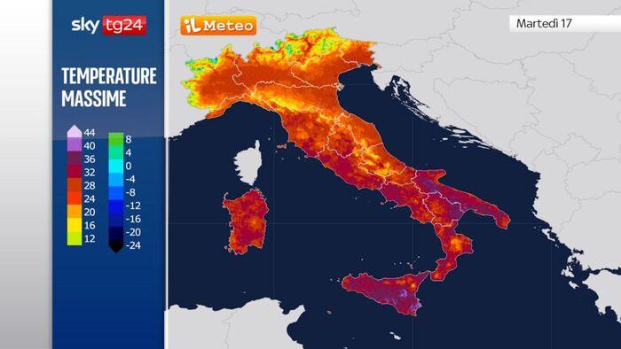 Le temperature massime previste per Martedì 17 Giugno