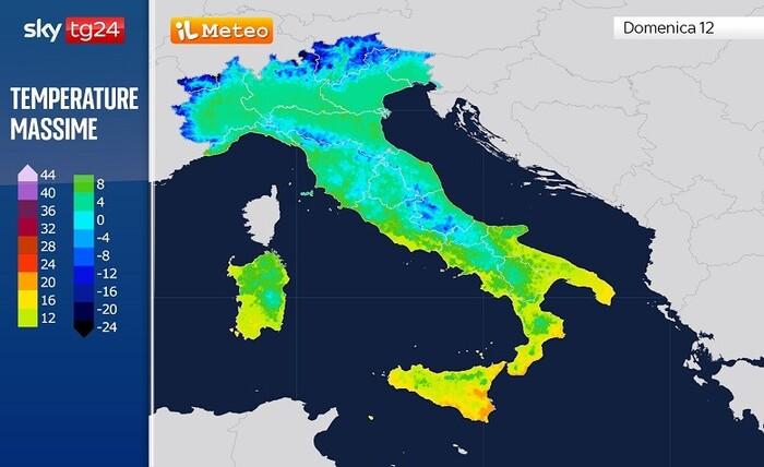 Temperature massime previste per Domenica 12 Gennaio