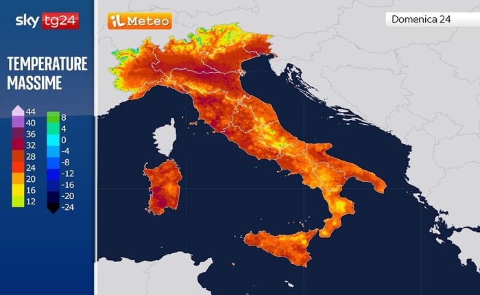 Temperature massime previste per Domenica 24 Maggio (rosso scuro fino ad oltre 30°C)