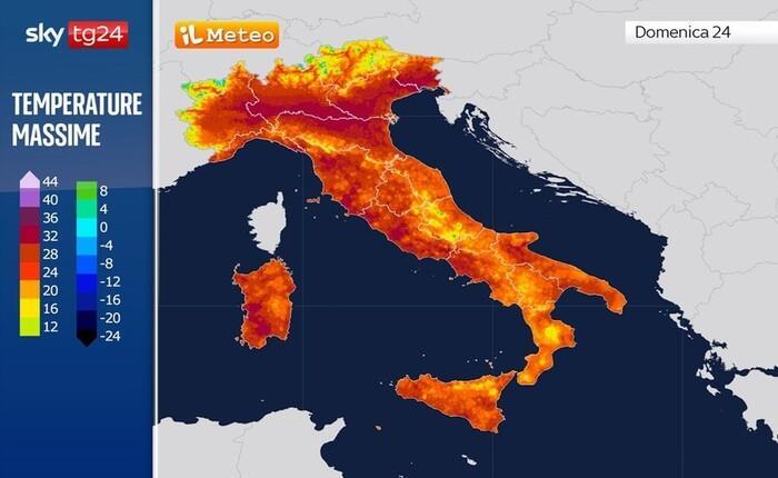 Le temperature massime previste per Domenica 24 Maggio
