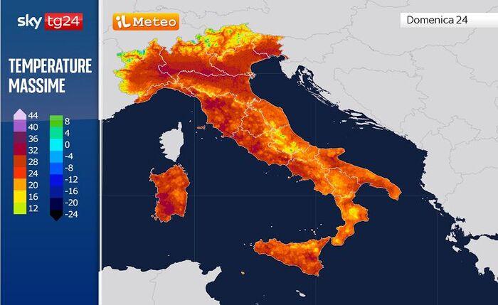 Temperature massime previste per Domenica 25 Maggio (rosso scuro fino a 32/33°C)