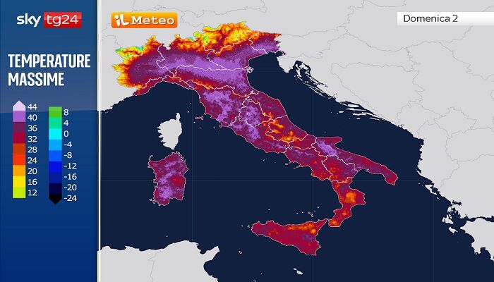 Le temperature previste per Domenica 2 Agosto (in fucsia valori fino a 38-40°C)