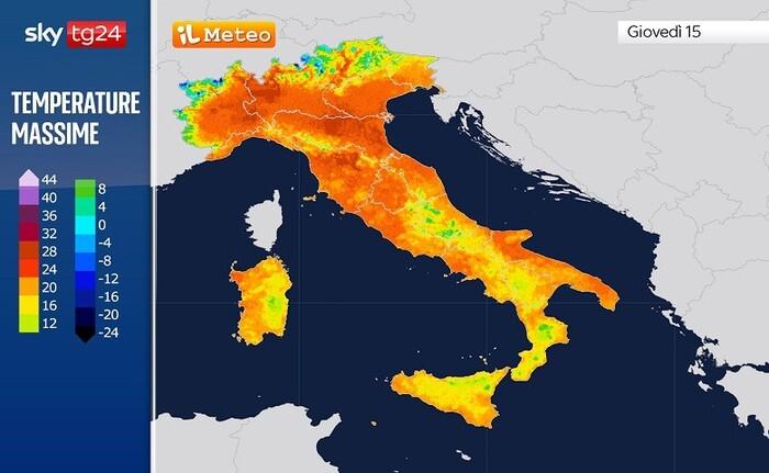 Le temperature massime previste per Giovedì 15 Maggio