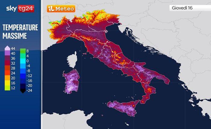 Le temperature massime previste per Giovedì 16 Luglio (rosa chiaro/bianco fino a 44°C)
