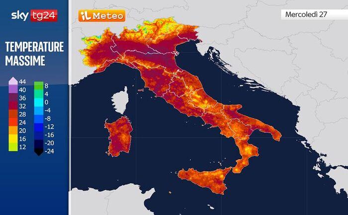Temperature massime previste per Mercoledì 27 (rosso scuro/marrone fino a 33/35°C)