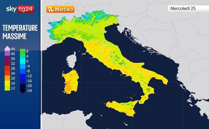 Temperature massime previste per Mercoledì 25 Febbraio