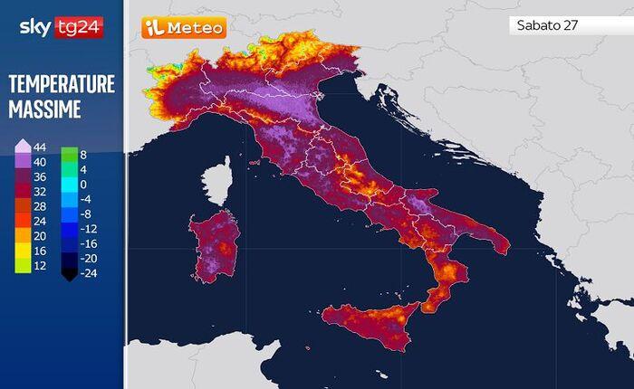 Temperature massime per Sabato 27 Giugno (colore rosa valori prossimi ai 39/40°C)