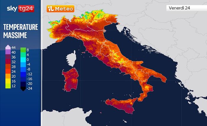 Temperature massime previste per Venerdì 24 Luglio