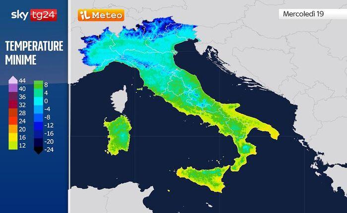 Le temperature minime previste per Mercoledì 19 Novembre