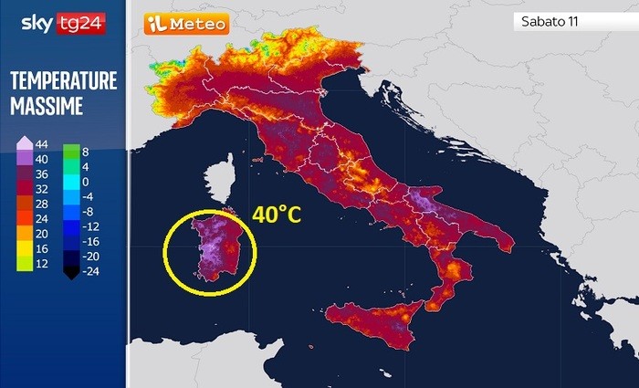 Le temperature massime previste per Mercoledì 8 Luglio (colore viola chiaro fino a 40°C)