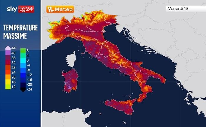 Le tmeperature massime previste per Venerdì 13 Giugno