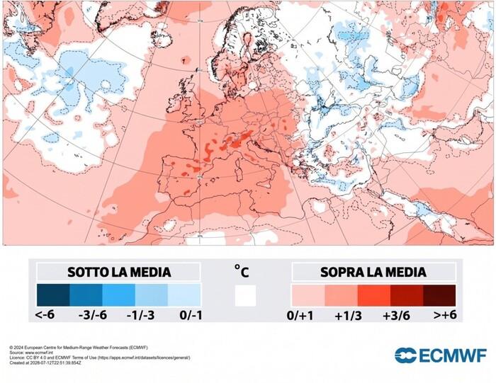 Agosto, anomalia di temperatura: previsti oltre 3°C sopra la media (fonte: ECMWF)