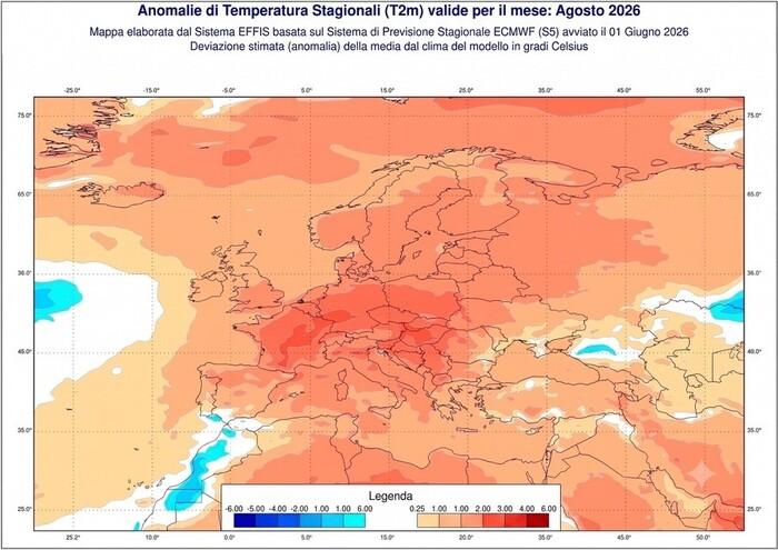 Agosto anomalia di temperatura: previsti fino a +2/3°C sopra la media (fonte: ECMWF)