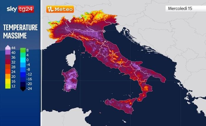 Le temperature massime attese sull'Italia a metà della prossima settimana: picchi eccezionali