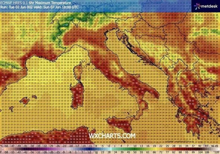 Temperature massime previste per Domenica 8 Giugno