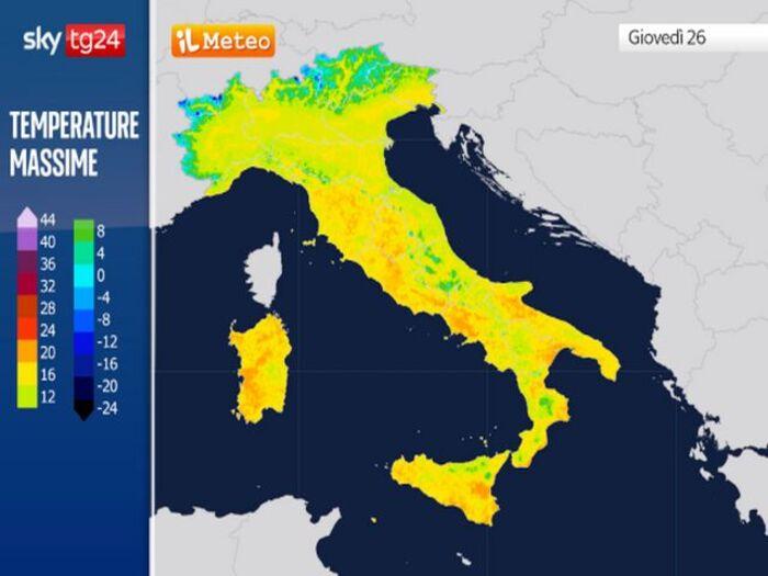 Le temperature massime previste per Giovedì 26 Febbraio: evidenti i picchi di 20°C (colore arancio)