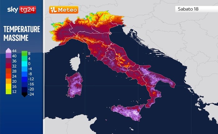 Le temperature massime previste per Sabato 18 Luglio