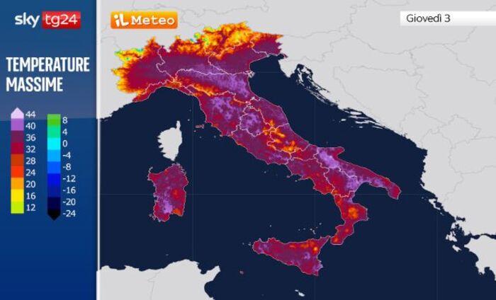 Le temperature massime previste per giovedì 3 luglio
