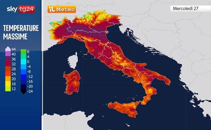 Temperature massime di Mercoledì 27 (rosso scuro/marrone punte fino a oltre 35°)