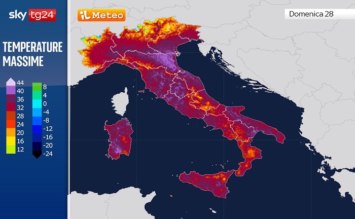 Temperature massime previste per Domenica 28 Luglio 2024