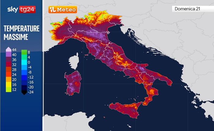 I picchi di 40°C previsti per Domenica 21 Giugno (colore rosa)