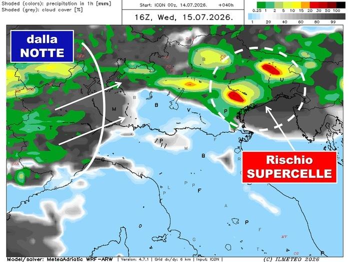 Le zone a rischio supercelle Mercoledì 15 Luglio: occhi puntati su Veneto e Friuli Venezia Giulia