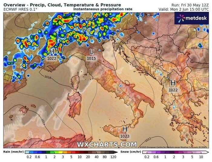 Le precipitazioni previste per le ore centrali di Domenica 1 Giugno