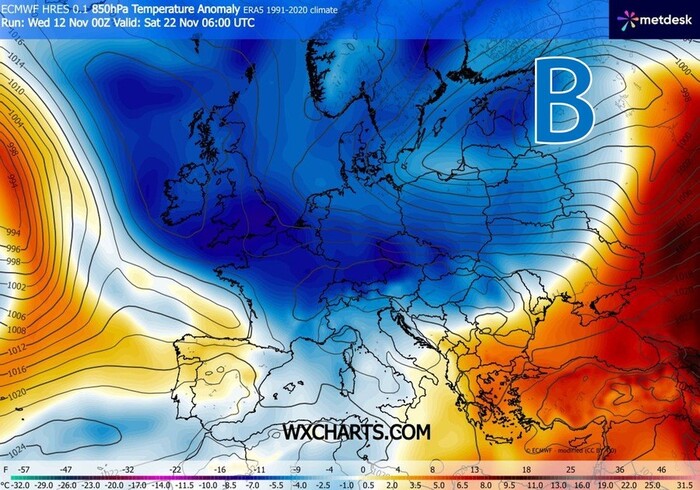 Freddo in Europa: anomalia di temperatura prevista dal 21-22 Novembre
