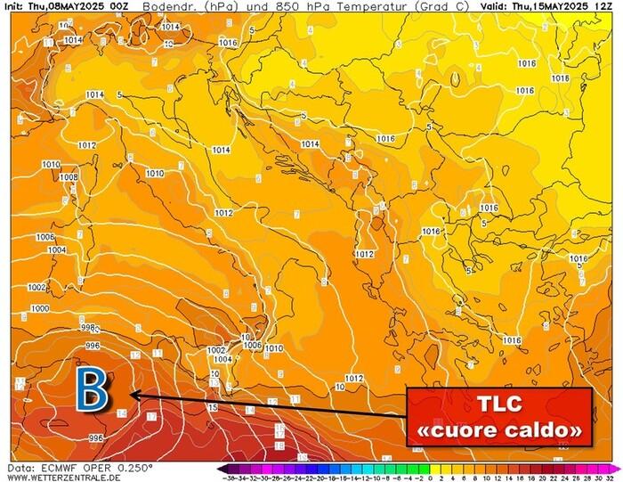 Schema del TLC: cuore caldo (area colorata in arancione scuro) al centro del ciclone
