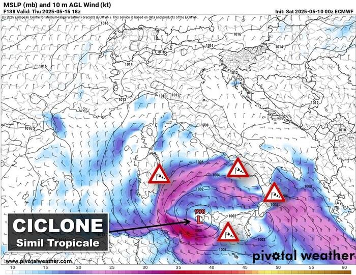 Raffiche di tempesta previste al passaggio del ciclone simil tropicale