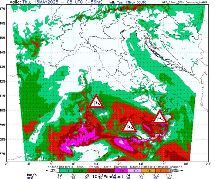 Forti raffiche di vento previste per Giovedì 15 Maggio