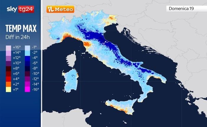 La differenza di temperatura prevista Domenica 19 Luglio rispetto alle 24 ore precedenti