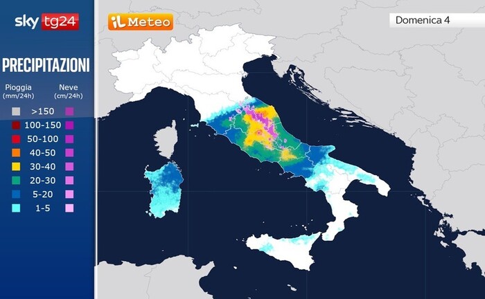 Piogge e nevicate previste per Domenica 4 Gennaio