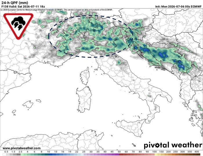 Le zone a rischio di forti rovesci temporaleschi nel corso di Sabato 11 Luglio