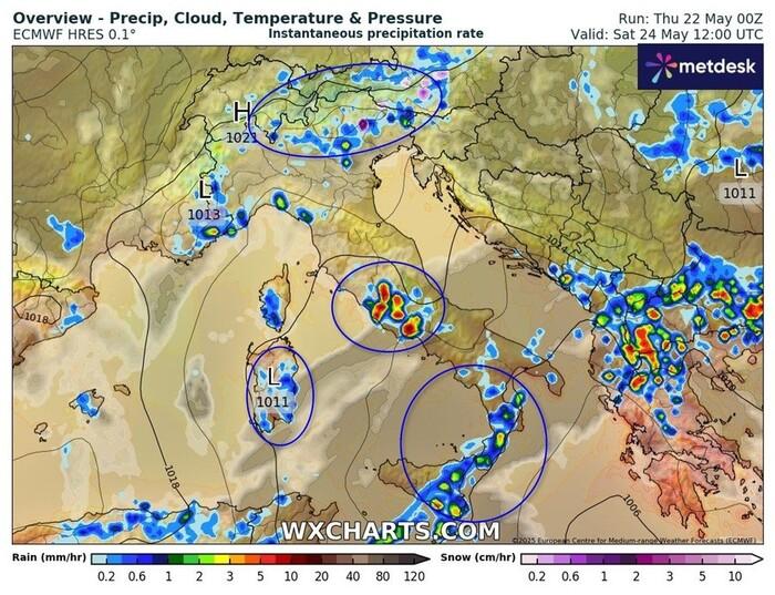 Zone a rischio temporali per Sabato 24 Maggio
