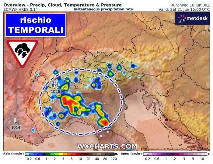 Zone a rischio temporali per la giornata di Sabato 21 Giugno