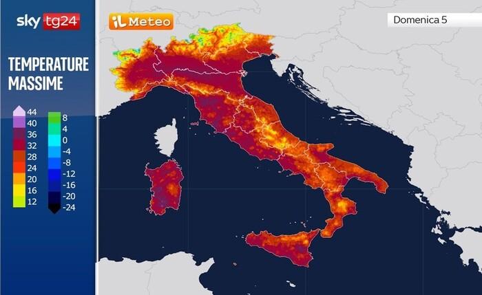 Le temperature massime previste per Domenica 5 Luglio