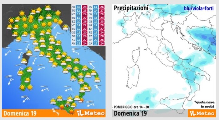 Precipitazioni previste nel corso della giornata di Domenica 19 Maggio