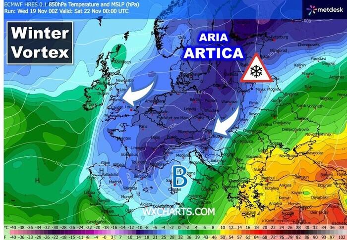 Aria molto fredda di origine Artica Marittima in discesa dal Nord Europa fin sul Mediterraneo
