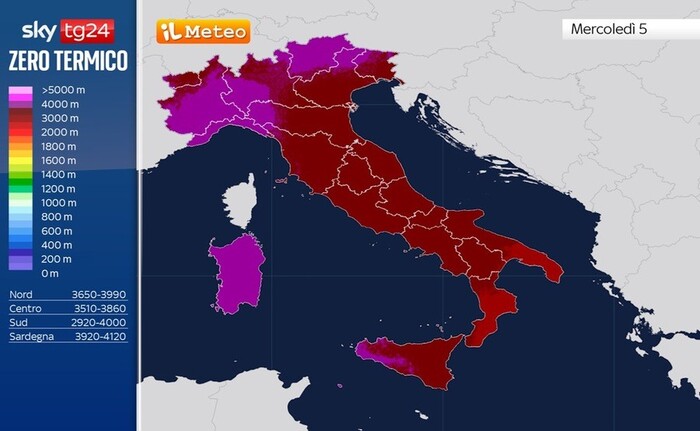 Zero termico fino a 4000 metri, in questo periodo dovrebbe essere a circa 2000 metri di quota